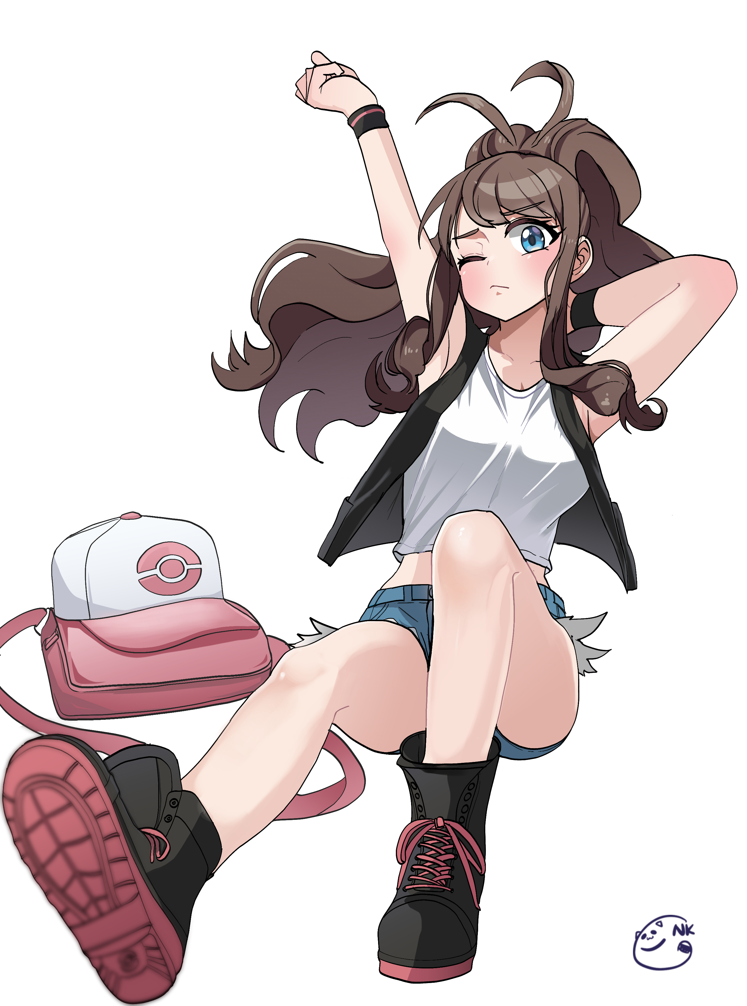 neogul kim, hilda (pokemon), nintendo, pokemon, pokemon bw, absurdres, highres, 1girl, arms up, backpack, bag, black vest, blue eyes, boots, breasts, brown hair, cleavage, denim, denim shorts, hat, high ponytail, medium breasts, midriff, ponytail, shorts, solo, tank top, thighs, unworn hat, unworn headwear, vest, white tank top