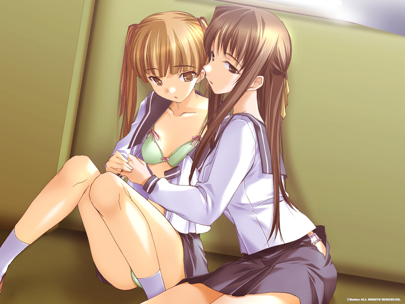 hizuki ayumi, hizuki mitsuna, ringetsu, highres, 2girls, bow, bow bra, bra, breasts, green bra, green panties, multiple girls, open clothes, open shirt, open skirt, panties, school uniform, serafuku, shirt, skirt, small breasts, underwear, white panties, yuri