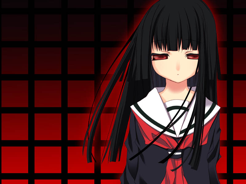 hinayuki usa, enma ai, jigoku shoujo, 00s, 1girl, black hair, black serafuku, blunt bangs, expressionless, female focus, half-closed eyes, hime cut, neckerchief, red eyes, school uniform, serafuku, solo, upper body