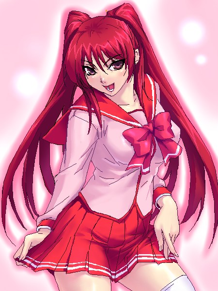 zen, kousaka tamaki, to heart (series), to heart 2, 00s, clothes pull, cowboy shot, long hair, oekaki, pink background, pink theme, pleated skirt, red eyes, red hair, school uniform, serafuku, skirt, skirt pull, solo, thighhighs, white thighhighs, zettai ryouiki