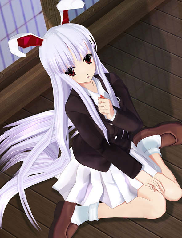 enjou yukito, reisen udongein inaba, touhou, light purple hair, 1girl, 3d, animal ears, blazer, female focus, jacket, long hair, looking up, miniskirt, pleated skirt, rabbit ears, red eyes, sitting, skirt, solo, very long hair, wariza