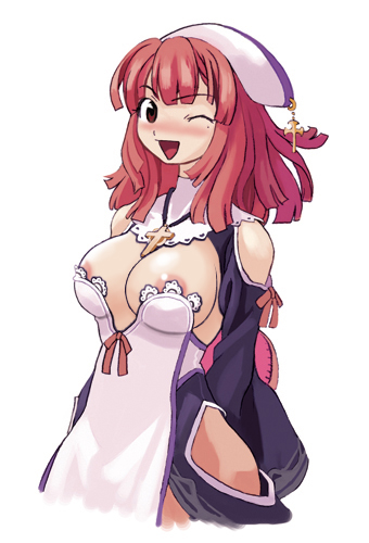 ryoji (nomura ryouji), prier, la pucelle, lowres, nude filter, third-party edit, 1girl, areola slip, arms behind back, blush, breasts, clothing cutout, cross, female focus, jewelry, large breasts, long sleeves, looking at viewer, mole, mole under eye, necklace, nipple slip, nipples, nose blush, one eye closed, open mouth, pantyhose, red eyes, red hair, revealing clothes, shoulder cutout, simple background, smile, solo, white background, wink