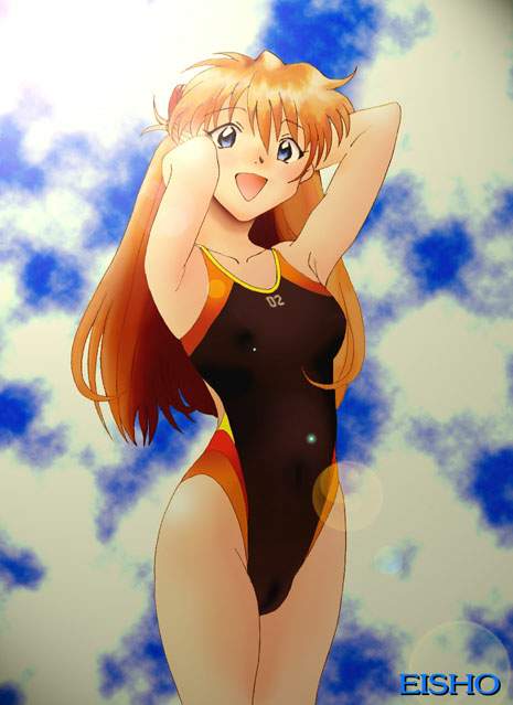 eisho (eisho-kan), souryuu asuka langley, neon genesis evangelion, jpeg artifacts, 1girl, armpits, arms behind head, blue eyes, cloud, competition swimsuit, day, female focus, lens flare, one-piece swimsuit, orange hair, outdoors, signature, sky, smile, solo, swimsuit
