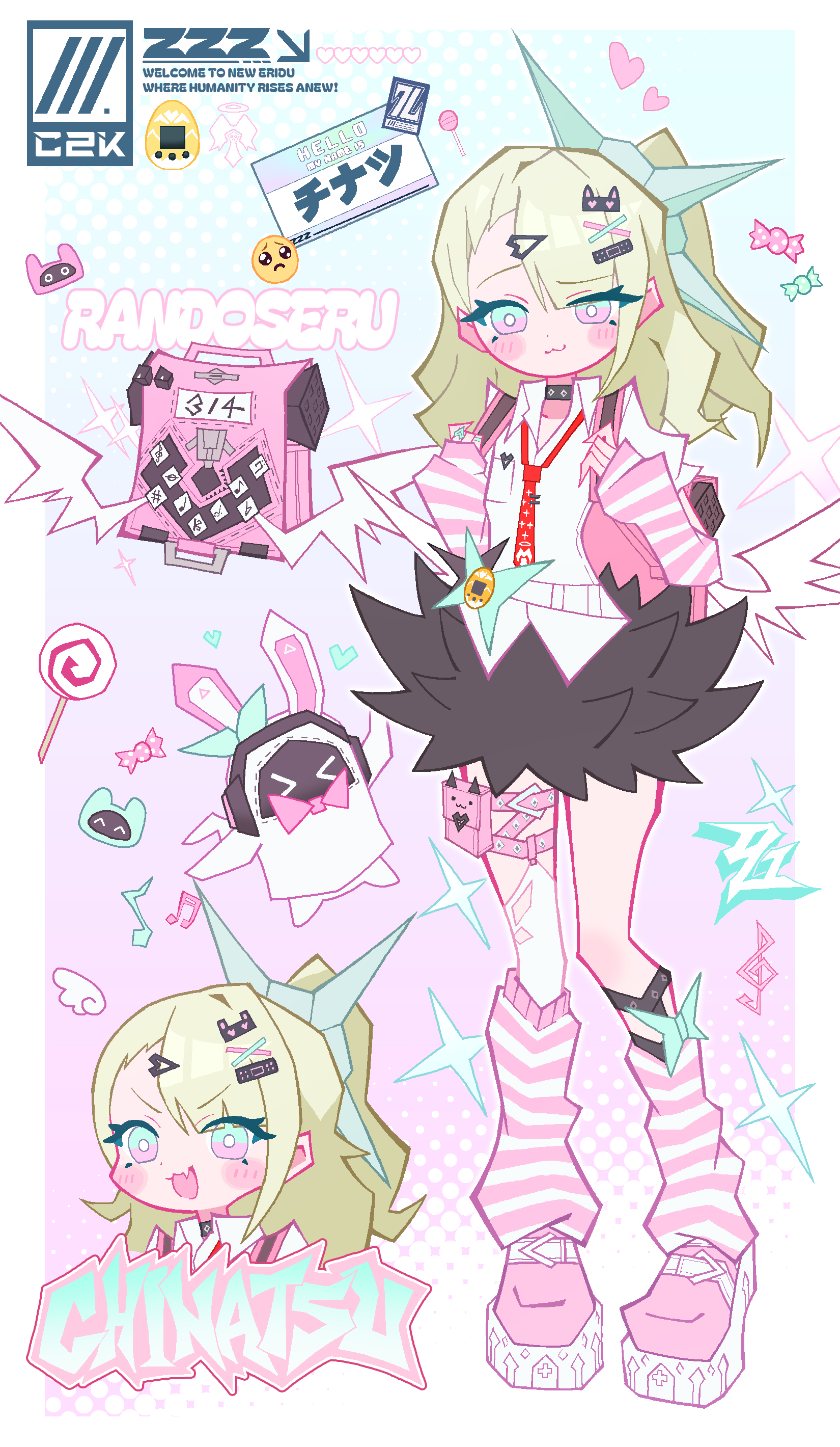 cocokana, chinatsu remiel, zenless zone zero, absurdres, highres, 1girl, backpack, bag, bow, green eyes, green hair, hair ornament, hairclip, heisei retro, jewelry, long hair, looking at viewer, necktie, open mouth, red necktie, shirt, short sleeves, solo, thighhighs, white shirt, y2k fashion
