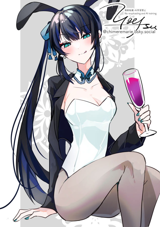 ugetsu (chimere/marie), jing ke (fate), fate/grand order, fate (series), 1girl, animal ears, black hair, black jacket, breasts, cleavage, cropped jacket, cup, detached collar, drinking glass, fake animal ears, green eyes, grey pantyhose, jacket, leotard, licking lips, long hair, long sleeves, looking at viewer, medium breasts, pantyhose, playboy bunny, ponytail, rabbit ears, sidelocks, smile, solo, thighs, tongue, tongue out, white leotard