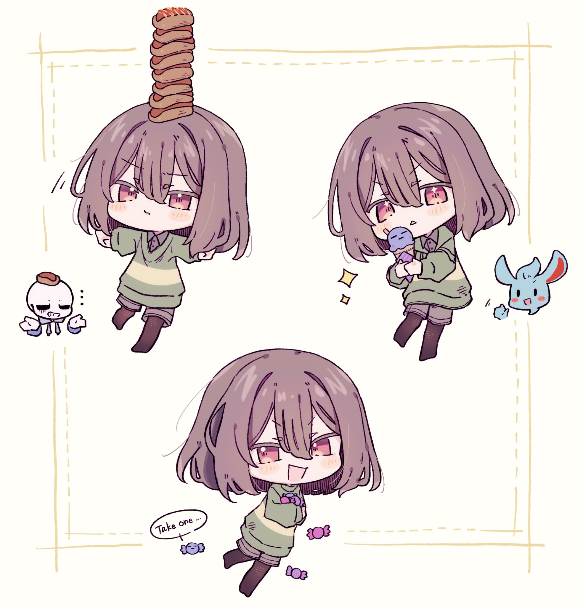 chara (undertale), nice cream guy, sans (undertale), undertale, utdr (toby fox), highres, …, 1other, 2boys, :<, androgynous, balancing, brown hair, brown shorts, candy, chibi, chibi only, food, food on head, green sweater, holding, holding food, hot dog, ice cream, looking at viewer, multiple boys, object on head, okura 0915, open mouth, other focus, red eyes, shorts, simple background, skeleton, smile, sparkle, striped clothes, striped sweater, sweater, two-tone sweater, waving