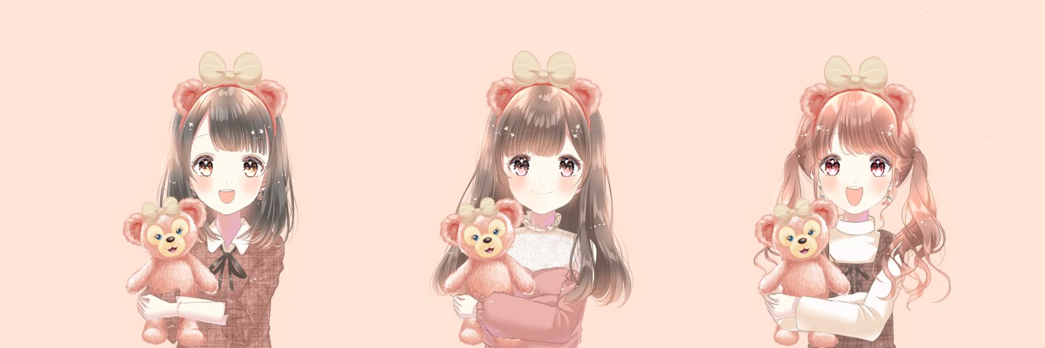 kompeitou (lemon garden), 3girls, animal ear hairband, animal ears, animification, bear ear hairband, bear ears, bear girl, duffy and friends, fake animal ears, hairband, holding, humanization, long hair, long sleeves, looking at viewer, medium hair, multiple girls, shelliemay, shirt, smile, standing, stuffed animal, stuffed toy, twintails, very long hair