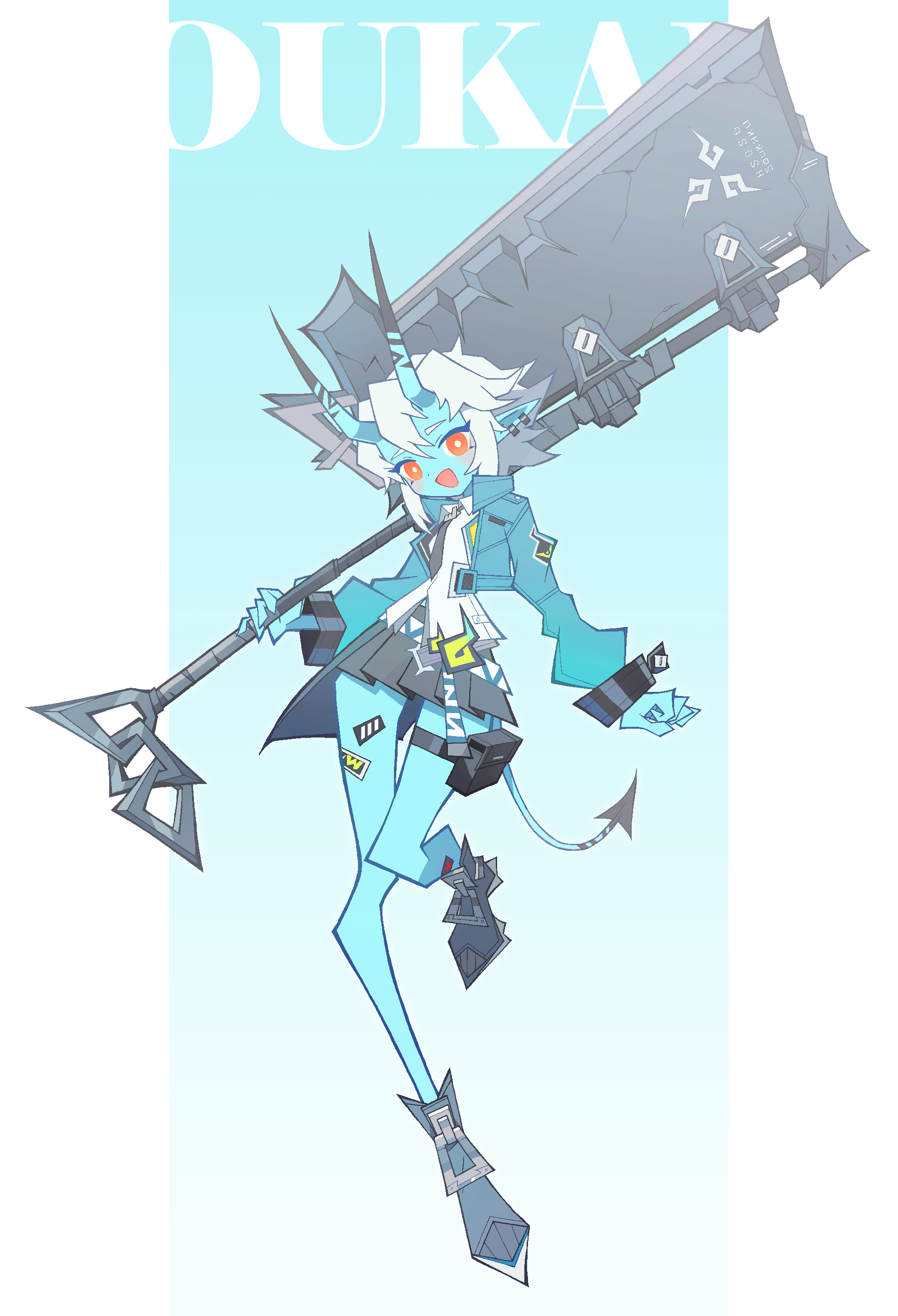 cocokana, soukaku (zenless zone zero), zenless zone zero, absurdres, highres, 1girl, animal ears, blue horns, blue oni, blue skin, colored skin, hair between eyes, hair between horns, headband, horns, jacket, long hair, multicolored horns, oni, open mouth, pointy ears, red eyes, shirt, short hair, sidelocks, skirt, smile, solo, two-tone horns, white hair, white shirt, yellow headband