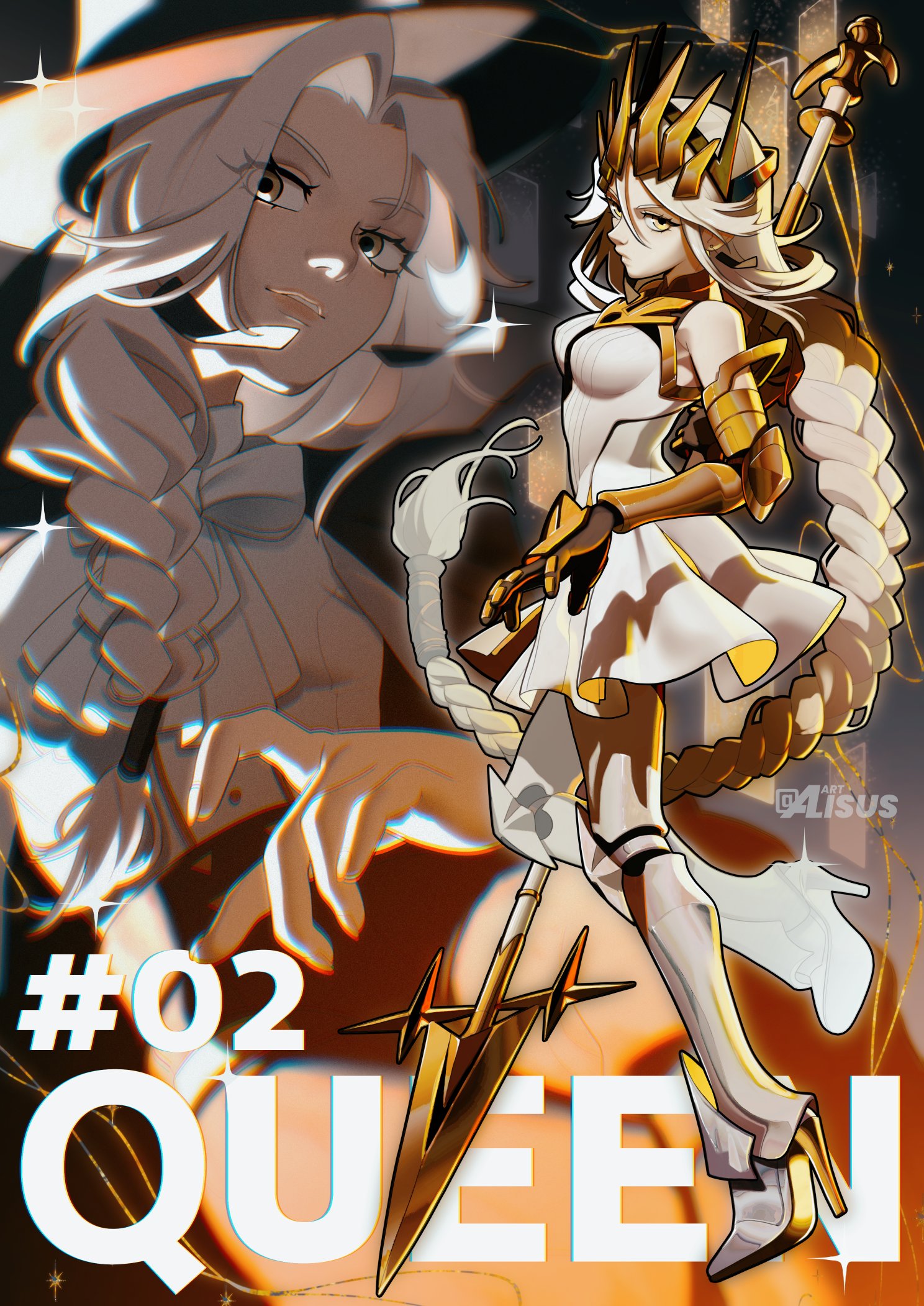 queen (to be hero x), to be hero, to be hero x, commentary, highres, 1girl, alisus art, armor, black hat, black jacket, blurry, boots, bow, bowtie, braid, braided ponytail, closed mouth, dress, dress shirt, english text, frown, gauntlets, gold gloves, gold tiara, greaves, grey eyes, hair over shoulder, hair tubes, hat, holding, holding polearm, holding weapon, jacket, jacket on shoulders, long hair, looking at viewer, polearm, shirt, short dress, single braid, sleeveless, sleeveless dress, smile, standing, standing on one leg, text background, twitter username, very long hair, weapon, white boots, white bow, white bowtie, white dress, white hair, white shirt