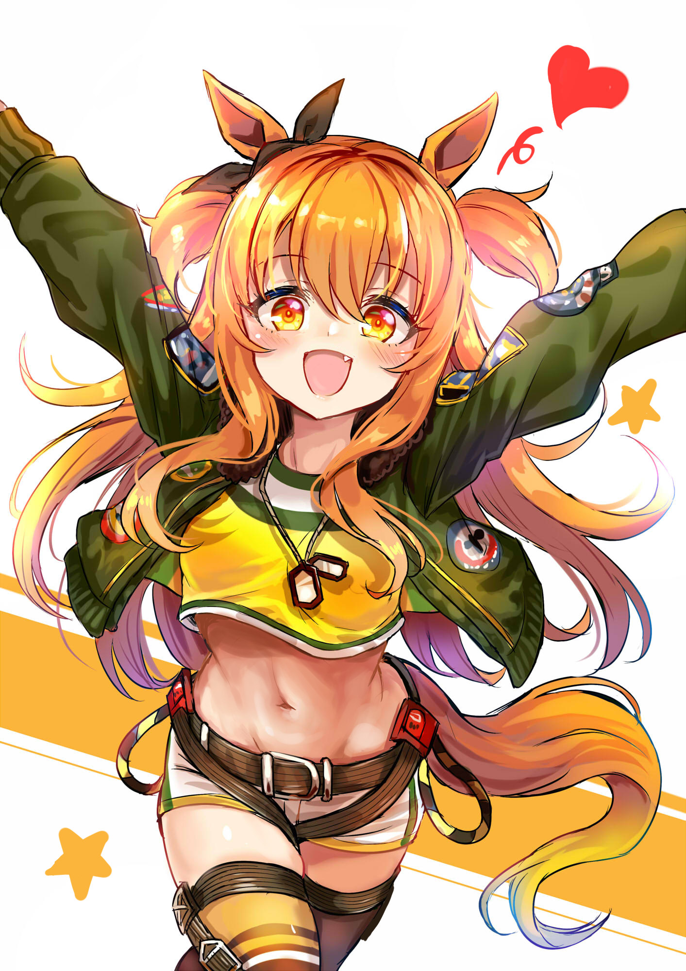 unname, mayano top gun (umamusume), umamusume, commentary request, highres, revision, 1girl, :d, animal ears, arms up, black ribbon, blush, bow, breasts, brown background, brown hair, brown thighhighs, crop top, ear ribbon, fang, green jacket, hair between eyes, heart, horse ears, horse girl, horse tail, jacket, long hair, midriff, navel, open clothes, open jacket, open mouth, outstretched arms, ribbon, shirt, short shorts, shorts, small breasts, smile, solo, tail, thighhighs, two-tone background, two side up, very long hair, white background, white shorts, yellow shirt