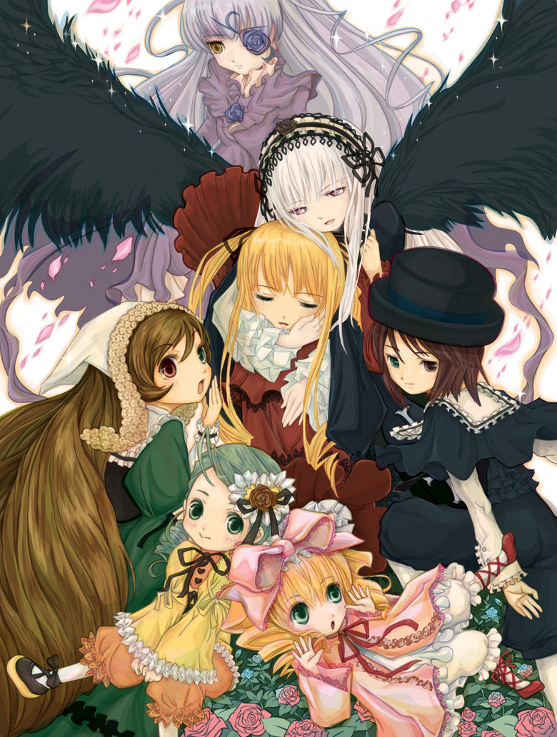 saiguchi otoufu, barasuishou, hinaichigo, kanaria, shinku, souseiseki, suigintou, suiseiseki, rozen maiden, 00s, 6+girls, black wings, blonde hair, bonnet, bow, brown hair, dress, drill hair, eyepatch, flower, frills, green hair, grey hair, hand to own mouth, hat, heterochromia, hug, long hair, looking back, looking down, multiple girls, open mouth, petals, pink bow, ribbon, rose, sad, short hair, siblings, sisters, top hat, twins, very long hair, white hair, wings
