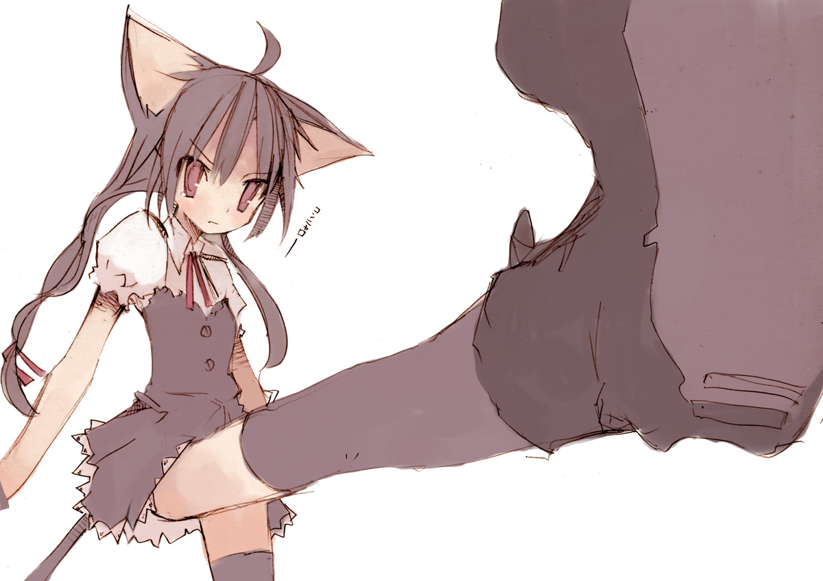 mitsuki mouse, original, 1girl, ahoge, animal ears, cat ears, female focus, frown, high kick, kicking, shoe soles, shoes, solo, tail, thighhighs