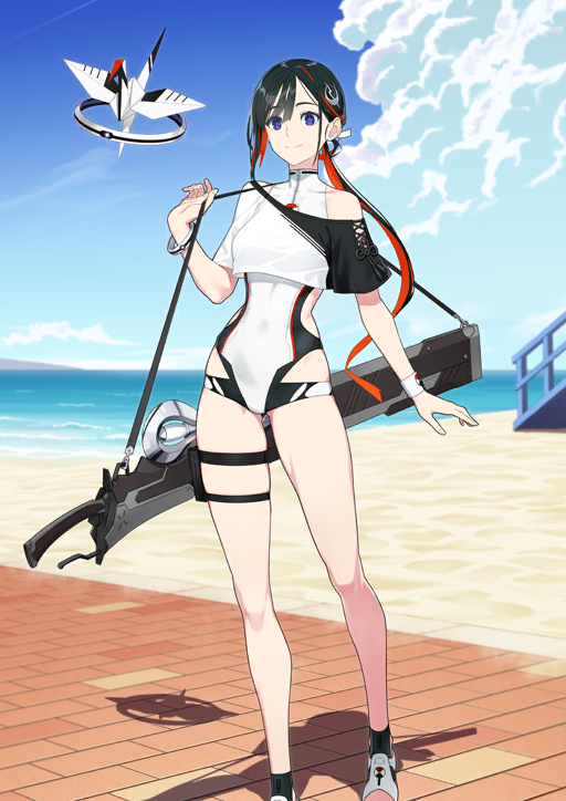 shaka p, miss crane (fate), fate/grand order, fate (series), game cg, official art, third-party source, variant set, 1girl, arm at side, beach, black hair, blue eyes, blue sky, bracelet, breasts, closed mouth, clothing cutout, cloud, collarbone, contrapposto, covered navel, crop top, day, feet out of frame, hair ornament, high collar, holding strap, jeunesse crane (fate), jeunesse crane (first ascension) (fate), jewelry, long hair, looking at viewer, low ponytail, medium breasts, multicolored hair, ocean, one-piece swimsuit, origami, outdoors, paper crane, ponytail, sandals, side cutout, single bare leg, single bare shoulder, skindentation, sky, smile, solo, streaked hair, swimsuit, swimsuit under clothes, thigh strap, two-tone hair, weapon, weapon bag, white one-piece swimsuit