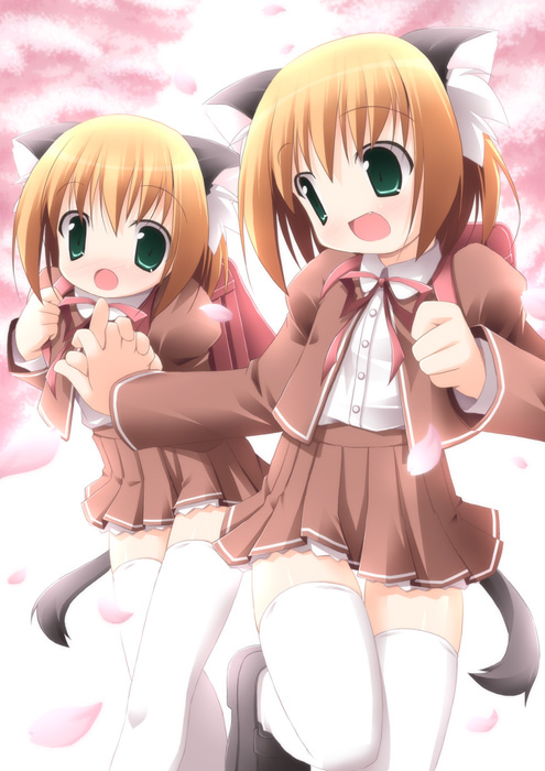 kagura yuuki, 2girls, animal ears, backpack, bag, cat ears, cat tail, multiple girls, pleated skirt, randoseru, school uniform, serafuku, siblings, sisters, skirt, tail, thighhighs, twins