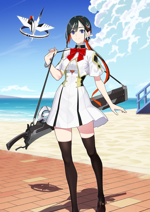 shaka p, miss crane (fate), fate/grand order, fate (series), game cg, official art, third-party source, variant set, 1girl, arm at side, beach, black hair, blue eyes, blue sky, bow, bowtie, bracelet, breasts, brown shoes, brown thighhighs, closed mouth, cloud, contrapposto, day, dress, feet out of frame, hair ornament, high collar, holding strap, jeunesse crane (fate), jeunesse crane (second ascension) (fate), jewelry, long hair, looking at viewer, low ponytail, medium dress, multicolored hair, ocean, origami, outdoors, paper crane, ponytail, red bow, red bowtie, shoes, short sleeves, sky, smile, solo, streaked hair, thighhighs, two-tone hair, weapon, white dress, zettai ryouiki
