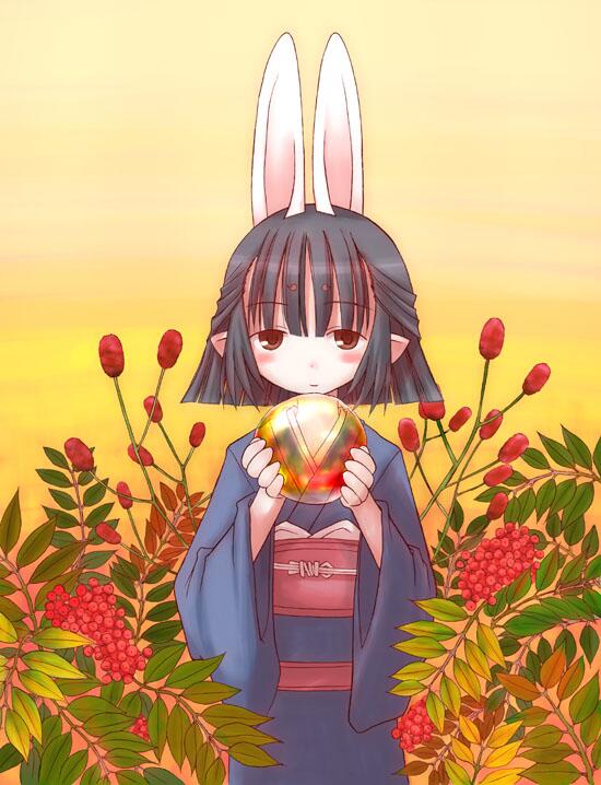 hasaha, summon night, summon night 2, 1girl, animal ears, ball, berry, female focus, rabbit ears, solo