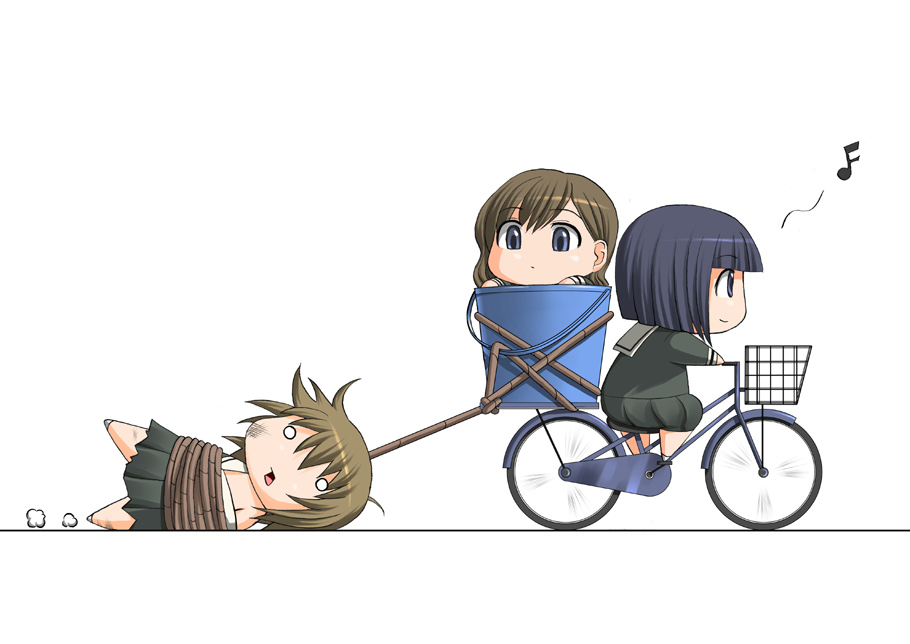 katwu (gensou ninja yashiki), nijou noriko, satou sei, toudou shimako, maria-sama ga miteru, 00s, 3girls, bdsm, bicycle, black hair, blonde hair, blue eyes, blunt bangs, bob cut, bondage, bound, brown hair, bruise, bucket, chibi, chibi only, dragging, from side, green skirt, in bucket, in container, injury, light smile, long sleeves, multiple girls, musical note, o o, open mouth, pleated skirt, profile, riding, rope, school uniform, serafuku, short hair, simple background, skirt, spoken musical note, tied up (nonsexual), white background