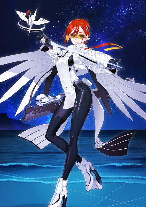 shaka p, miss crane (fate), fate/grand order, fate (series), game cg, official art, third-party source, 1girl, black gloves, black leggings, blue background, boots, breasts, closed mouth, cropped jacket, crossed ankles, floating hair, gloves, hair ornament, high collar, high heel boots, high heels, holding, holding sword, holding weapon, jacket, jeunesse crane (fate), jeunesse crane (third ascension) (fate), leg up, leggings, long hair, long sleeves, looking at viewer, low ponytail, medium breasts, night, night sky, orange-tinted eyewear, origami, outdoors, paper crane, pelvic curtain, ponytail, red hair, semi-rimless eyewear, sky, smile, solo, star (sky), sunglasses, sword, tinted eyewear, weapon, weapon bag, white boots, white jacket