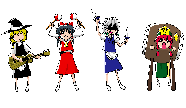 hakurei reimu, hong meiling, izayoi sakuya, kirisame marisa, kamichu!, touhou, silver hair, 4girls, :3, ^^^, apron, ascot, black hair, blonde hair, blush, blush stickers, bow, braid, chibi, chibi only, china dress, chinese clothes, crossover, detached sleeves, dress, drum, guitar, hair bow, hat, hat bow, instrument, knife, lineup, long hair, maid, maid apron, maid headdress, maracas, multiple girls, music, o o, parody, red hair, scared, short hair, star (symbol), taiko drum, twin braids, witch hat
