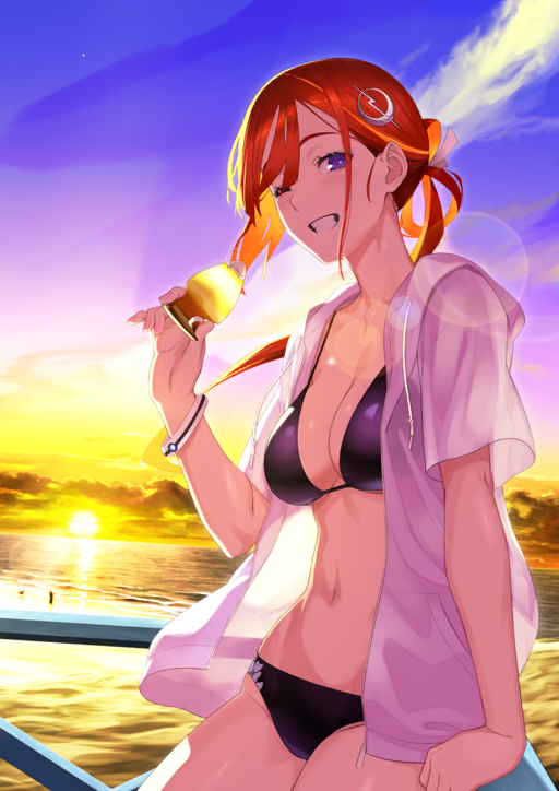 shaka p, miss crane (fate), fate/grand order, fate (series), game cg, official art, third-party source, 1girl, ;d, arm support, bikini, black bikini, breasts, cleavage, cowboy shot, drawstring, grin, groin, hair ornament, hand up, holding, holding removed eyewear, jacket, jacket over swimsuit, jeunesse crane (fate), jeunesse crane (final ascension) (fate), leaning back, lens flare, long hair, looking at viewer, low ponytail, medium breasts, navel, ocean, one eye closed, open clothes, open jacket, open mouth, orange-tinted eyewear, ponytail, purple eyes, red hair, rimless eyewear, short sleeves, smile, solo, sun, sunglasses, sunset, swimsuit, tinted eyewear, unworn eyewear, white jacket