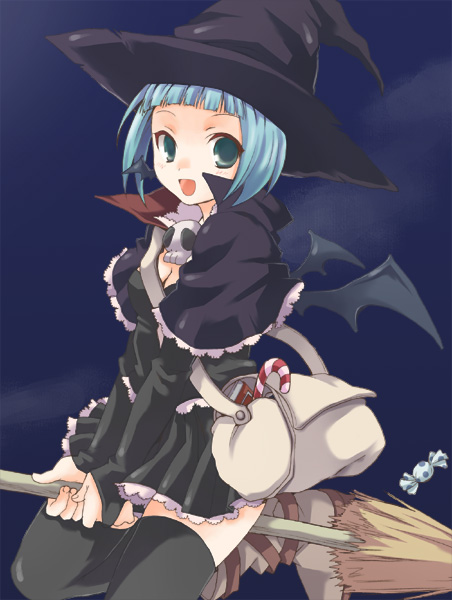 kubyou azami, original, 1girl, black thighhighs, female focus, green eyes, green hair, matching hair/eyes, solo, thighhighs, witch