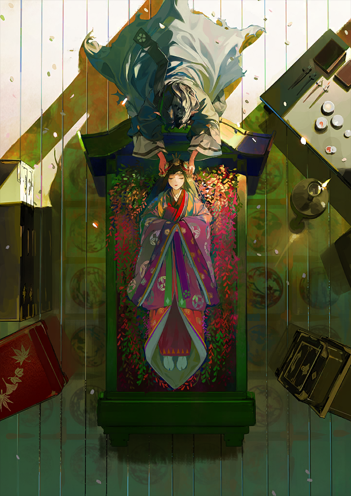 onmyoji, artist request, official art, third-party source, 1boy, 1girl, adjusting another's clothes, adjusting clothes, adjusting headwear, black hair, candle, chest of drawers, closed eyes, corpse, floor, flower, from above, hands in opposite sleeves, heian, hirabitai, indoors, japanese clothes, karaginu mo, kimono, long hair, lying, no shoes, nokanshi (onmyoji), on back, onmyoji: the card game, oriyuki (onmyoji), petals, pointy ears, reflective floor, scarf, sunlight, tabi, table, wide sleeves