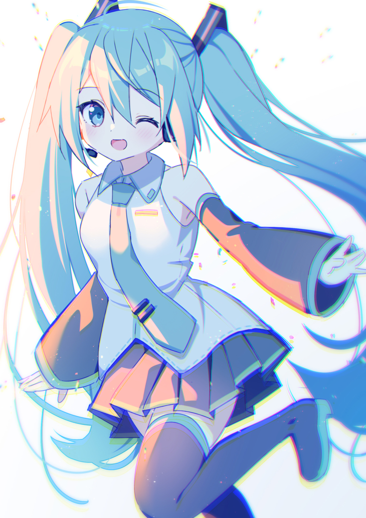 d omm, hatsune miku, vocaloid, 1girl, aqua eyes, aqua hair, aqua necktie, black sleeves, blue eyes, blue hair, detached sleeves, grey shirt, headphones, headset, long hair, long sleeves, looking at viewer, necktie, number tattoo, open mouth, shirt, solo, tattoo, twintails, very long hair