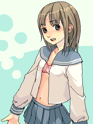 kishida mel, original, lowres, 1girl, bra, female focus, freckles, lingerie, navel, oekaki, open clothes, open mouth, open shirt, pleated skirt, school uniform, serafuku, shirt, skirt, solo, underwear