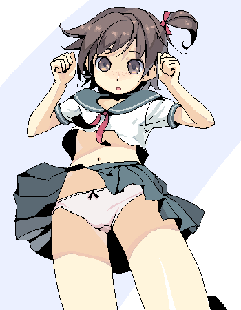 kishida mel, original, lowres, 1girl, arms up, bow, bow panties, female focus, freckles, from below, hair ribbon, leg lift, miniskirt, oekaki, panties, pantyshot, pleated skirt, ribbon, school uniform, serafuku, short hair, side ponytail, skirt, solo, standing, underwear, white panties