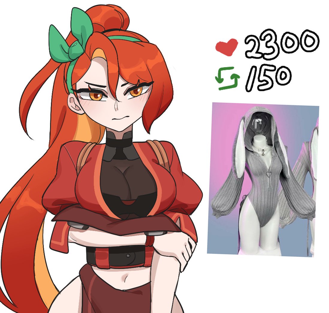 hyyun ho, june (hyyun ho), original, commentary, english commentary, 1girl, apron, breasts, brown apron, closed mouth, green ribbon, hair ribbon, high ponytail, holding own arm, large breasts, like and retweet, long hair, looking at viewer, navel, orange eyes, orange hair, photo inset, ponytail, ribbon, see-through cleavage, see-through clothes, simple background, solo, upper body, white background