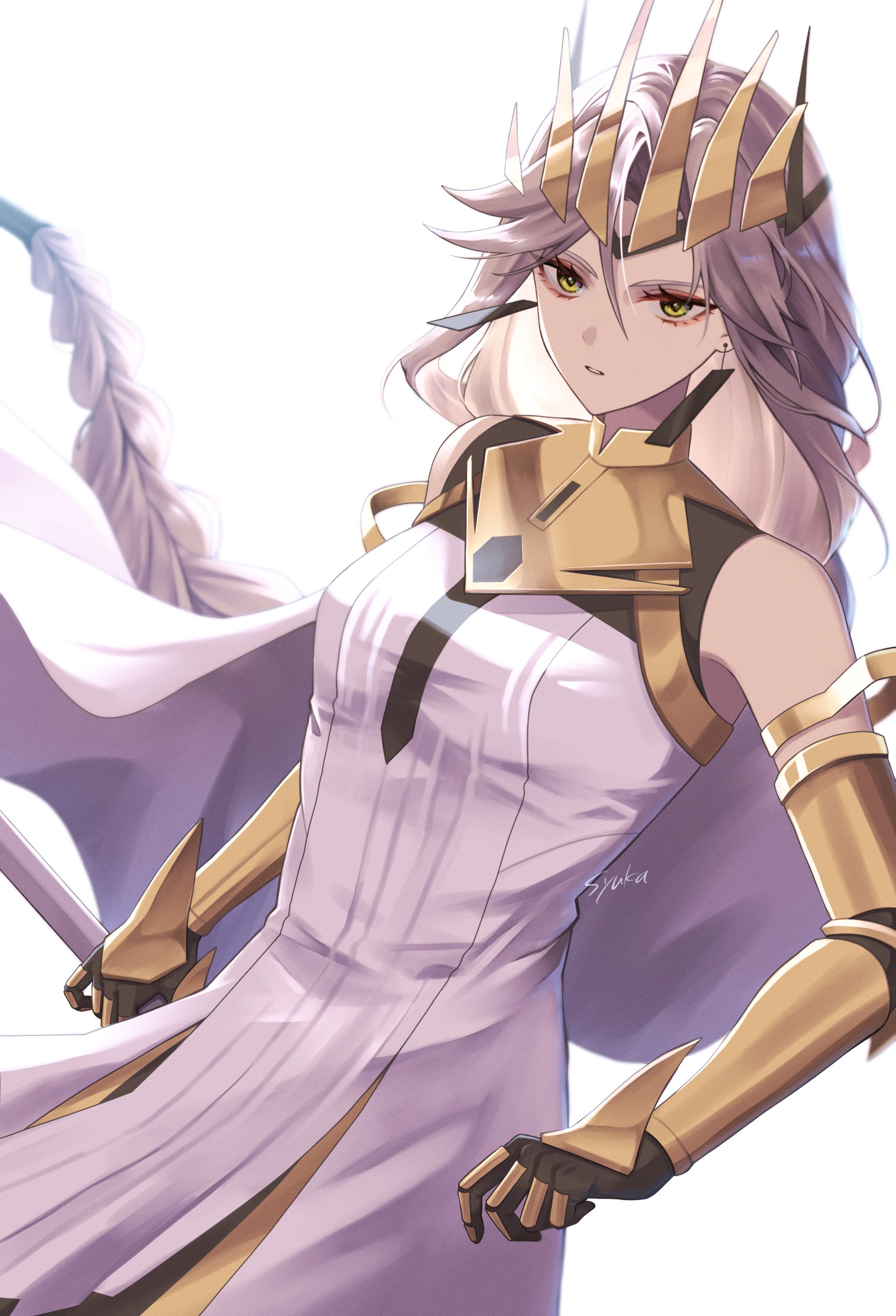 queen (to be hero x), to be hero, to be hero x, absurdres, commentary, english commentary, highres, 1girl, artist name, backlighting, braid, braided ponytail, cowboy shot, dress, dutch angle, earrings, frown, gauntlets, gold gloves, gold tiara, grey hair, jewelry, long hair, looking at viewer, mnmnm8169, simple background, single braid, sleeveless, sleeveless dress, solo, standing, very long hair, white background, white dress, yellow eyes