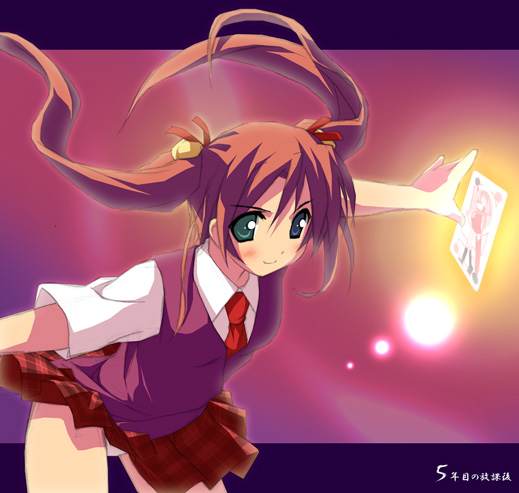 kantoku, kagurazaka asuna, mahou sensei negima!, 00s, 1girl, bell, blush, brown hair, card, card with aura, dress shirt, female focus, floating card, green eyes, hair bell, hair ornament, leaning forward, necktie, panties, pantyshot, plaid clothes, plaid skirt, red necktie, shirt, skirt, solo, standing, twintails, underwear, vest, white panties