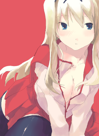 p-3-q, kusugawa sasara, to heart (series), to heart 2, 00s, 1girl, blonde hair, breasts, female focus, long sleeves, medium breasts, open clothes, open shirt, school uniform, serafuku, shirt, solo, thighhighs