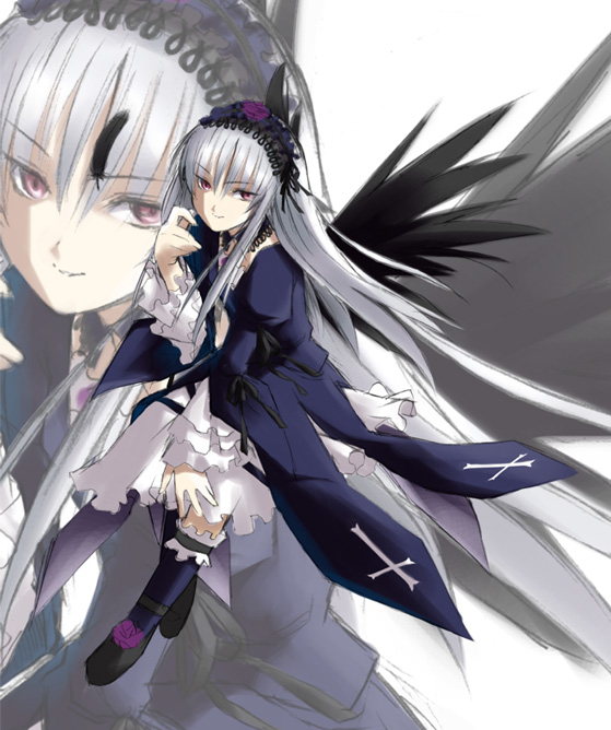 eretto, suigintou, rozen maiden, silver hair, 00s, 1girl, female focus, pale skin, pink eyes, solo, wings, zoom layer
