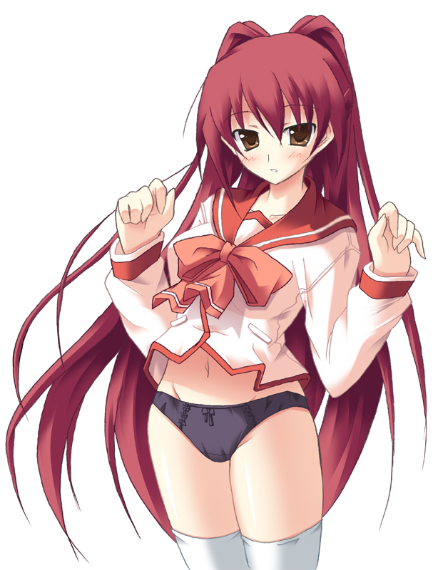 ruru (artist), ruru (heat haze), kousaka tamaki, to heart (series), to heart 2, 00s, 1girl, black panties, blush, bow, bow panties, brown eyes, clothes lift, female focus, long hair, long sleeves, navel, no pants, panties, pink bow, red hair, school uniform, serafuku, skirt, skirt lift, solo, standing, thighhighs, underwear, very long hair, white thighhighs