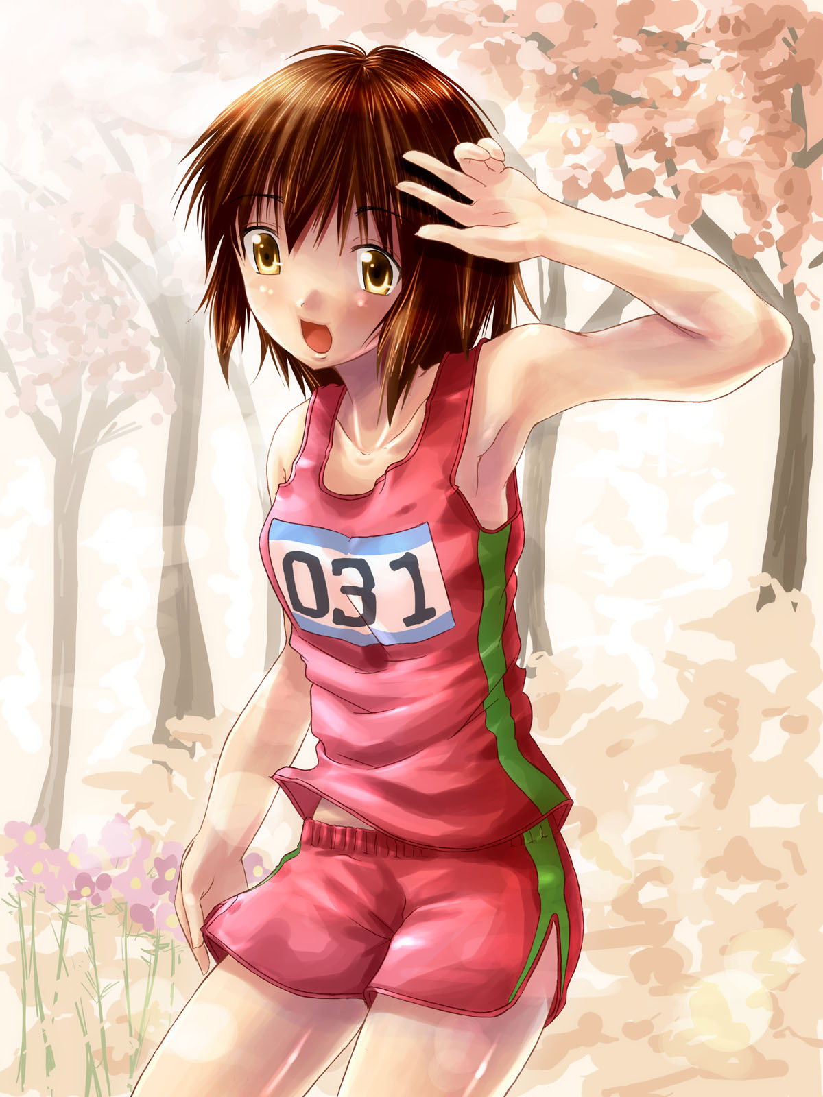 dozepara, original, highres, 1girl, brown hair, clothes writing, female focus, runner, shorts, simple background, solo, sportswear, yellow eyes