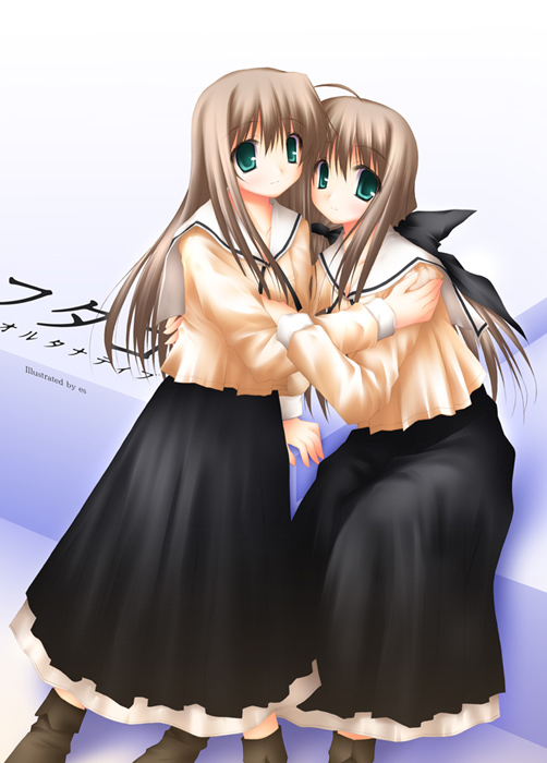 es (glasscastle), shirogane sara, shirogane souju, futakoi, 00s, 2girls, copyright name, green eyes, multiple girls, school uniform, serafuku, siblings, sisters, twins