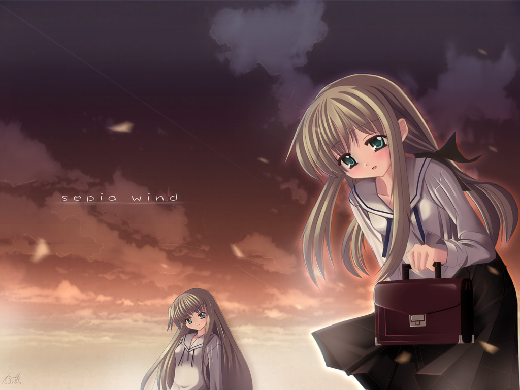 natsumiya yuzu, shirogane sara, shirogane souju, futakoi, 00s, 2girls, bag, brown hair, cloud, green eyes, long hair, multiple girls, school uniform, siblings, signature, sisters, twins