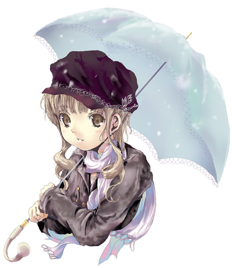 yamamoto nori, original, blonde hair, brown eyes, curly hair, hat, newsboy cap, scarf, solo, umbrella