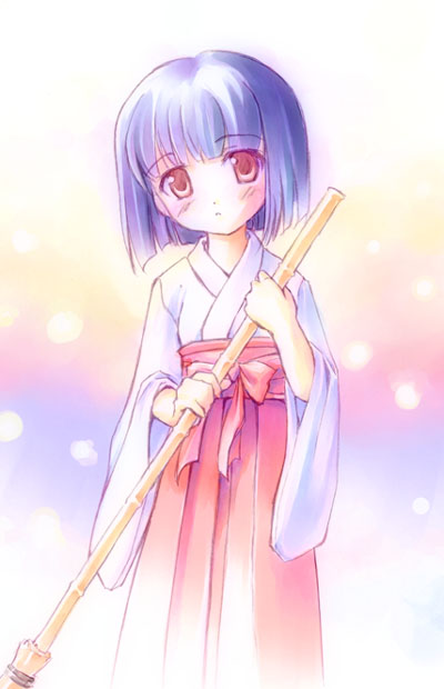 takoyaki (roast), saegusa miko, kamichu!, 00s, 1girl, bamboo broom, blue hair, blush, bob cut, broom, brown eyes, female focus, hakama, hakama skirt, japanese clothes, miko, red hakama, skirt, solo