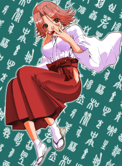 rikudou koushi, rengaya umi, excel saga, 1990s (style), 1girl, alcohol, blush, brown eyes, cup, female focus, hakama, hakama skirt, japanese clothes, miko, red hair, red hakama, retro artstyle, sakazuki, sake, sandals, short hair, skirt, socks, solo, tabi, text background, wall of text, zouri