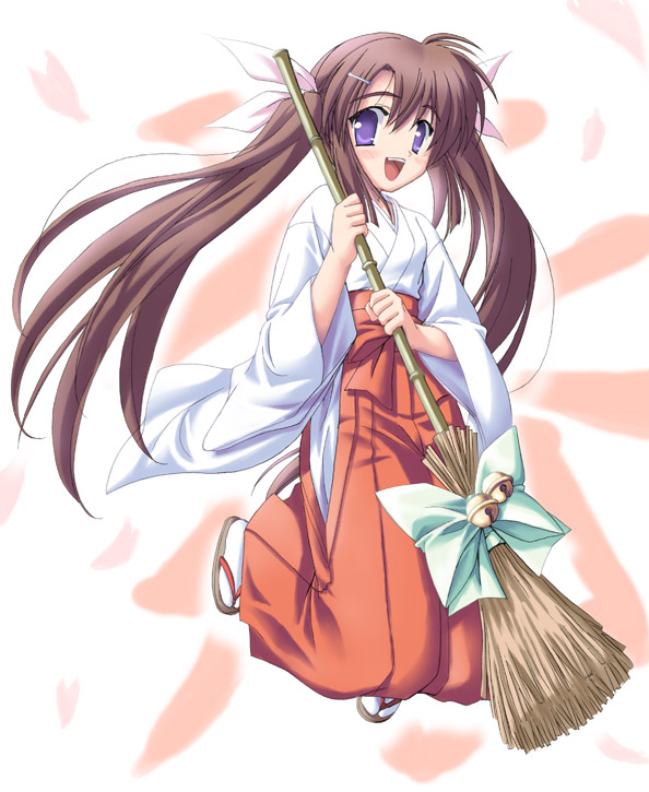 zono (rinkara-sou), 1girl, bamboo broom, bow, broom, brown hair, female focus, hair bow, hakama, hakama skirt, japanese clothes, long hair, miko, open mouth, purple eyes, red hakama, ribbon, sandals, skirt, solo, teeth, twintails, zouri