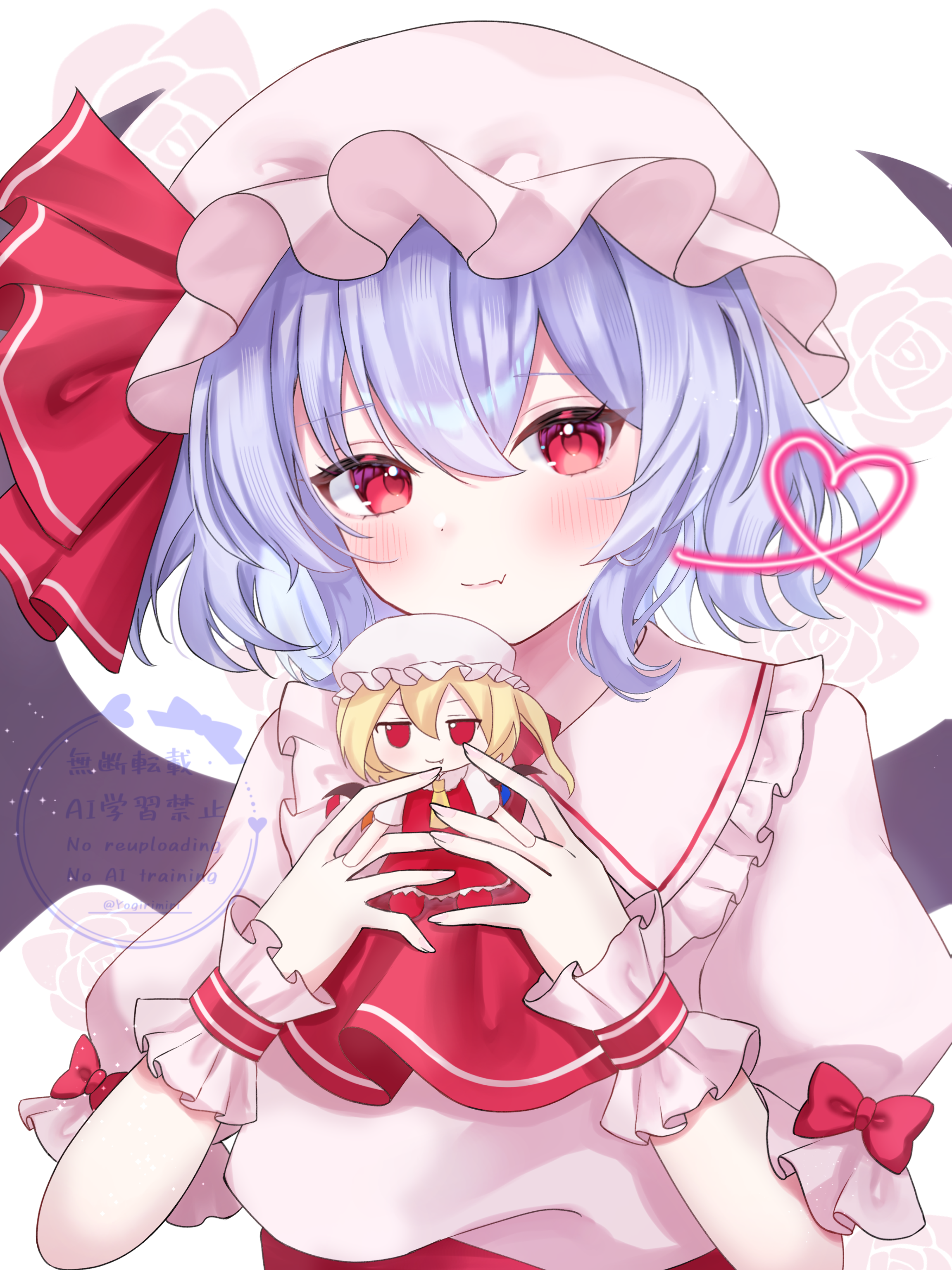 yogiri miri, remilia scarlet, touhou, absurdres, commentary request, highres, 1girl, ascot, bat wings, blush, bow, character doll, closed mouth, collared shirt, doll, fang, frilled shirt collar, frills, fumo (doll), hat, hat ribbon, heart, holding, holding doll, medium hair, mob cap, pink hat, pink shirt, purple hair, red ascot, red bow, red eyes, red ribbon, ribbon, shirt, skin fang, sleeve bow, smile, solo, watermark, wings, wrist cuffs