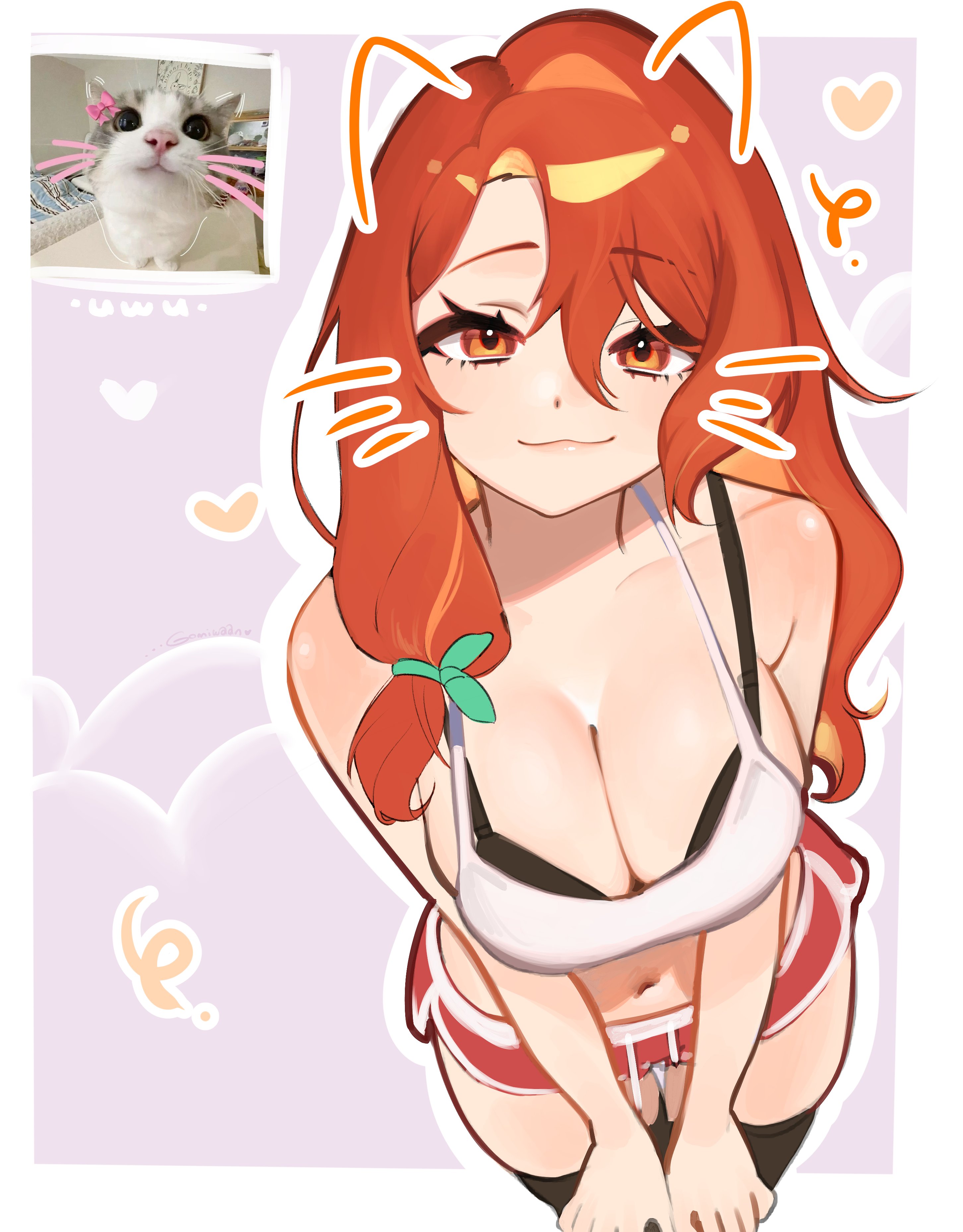 gomi (gomiwaan), june (hyyun ho), indie virtual youtuber, absurdres, commentary, english commentary, highres, 1girl, :3, black bra, black thighhighs, border, bra, breasts, camisole, cat, cleavage, closed mouth, dolphin shorts, drawn ears, drawn whiskers, heart, large breasts, leaning forward, looking at viewer, midriff, navel, orange eyes, orange hair, outline, outside border, photo inset, purple background, red shorts, short shorts, shorts, solo, thighhighs, underwear, white border, white camisole, white outline