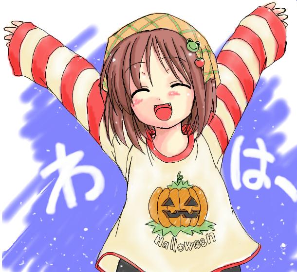 waha, yamato suzuran, suigetsu, 1girl, :d, ^ ^, arms up, brown hair, closed eyes, fangs, female focus, flower, halloween, happy, jack-o'-lantern, lily of the valley, open mouth, pumpkin, short hair, smile, solo