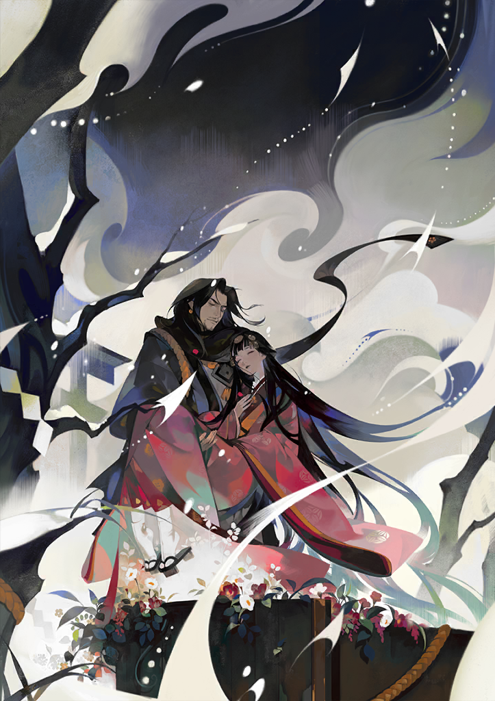 onmyoji, official art, third-party source, 1boy, 1girl, bare tree, black hair, blunt bangs, carrying, carrying person, casket, closed eyes, corpse, earrings, flower, geta, headdress, japanese clothes, jewelry, kimono, long hair, nokanshi (onmyoji), onmyoji: the card game, oriyuki (onmyoji), outdoors, parted bangs, plant, princess carry, rope, sandals, scarf, shimenawa, tabi, tree