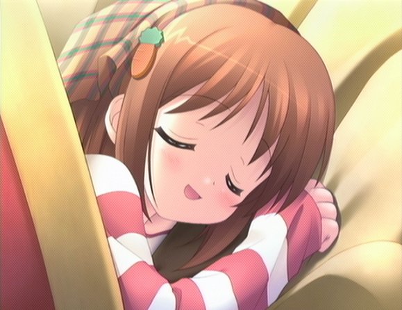 waha, yamato suzuran, suigetsu, blouse, brown hair, child, closed eyes, flower, food-themed hair ornament, hair ornament, lily of the valley, shirt, sleeping, solo, striped clothes, striped shirt