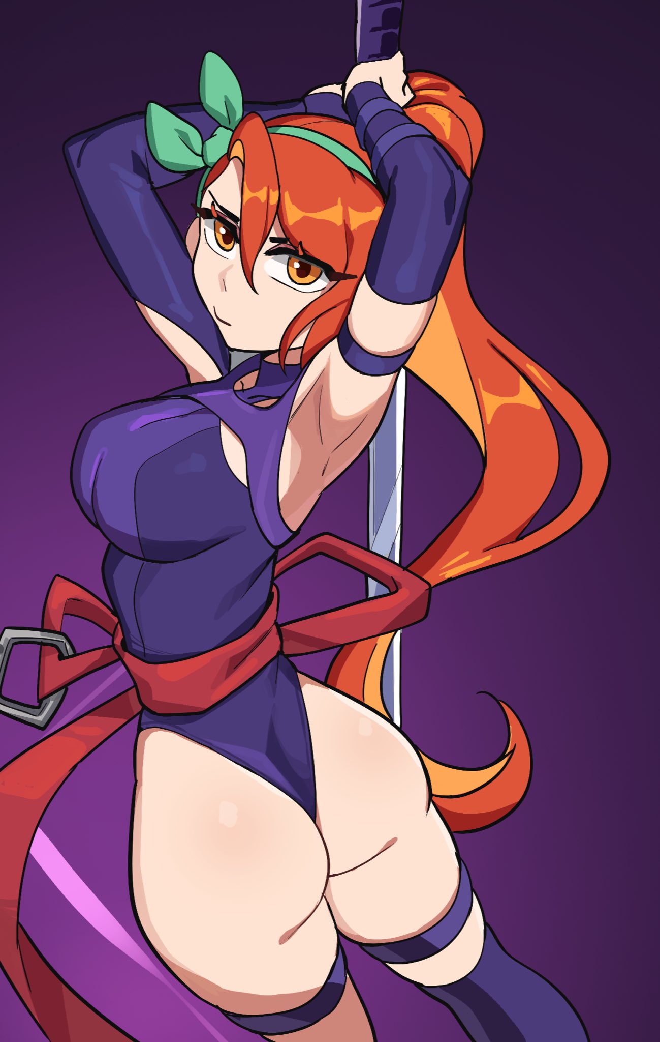 hyyun ho, june (hyyun ho), psylocke, marvel, marvel rivals, original, commentary, english commentary, highres, 1girl, armpits, ass, breasts, cosplay, detached sleeves, gradient background, green ribbon, high ponytail, holding, holding sword, holding weapon, large breasts, leotard, looking at viewer, looking back, orange eyes, orange hair, ponytail, psylocke (cosplay), purple background, purple leotard, purple sleeves, red sash, ribbon, sash, solo, sword, two-handed, weapon