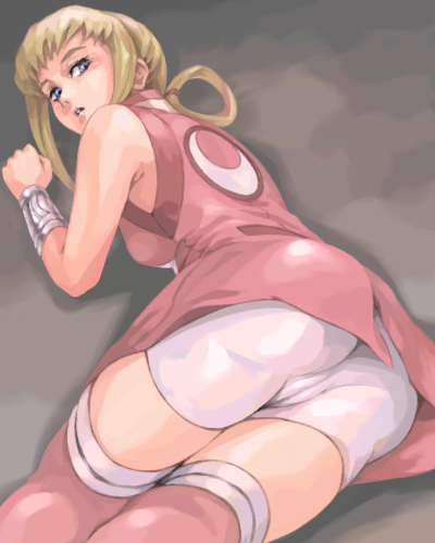 silvia de alisia, aquarion (series), sousei no aquarion, lowres, 00s, 1girl, ass, blonde hair, blue eyes, cameltoe, female focus, hair rings, lying, solo, thighhighs, thighs