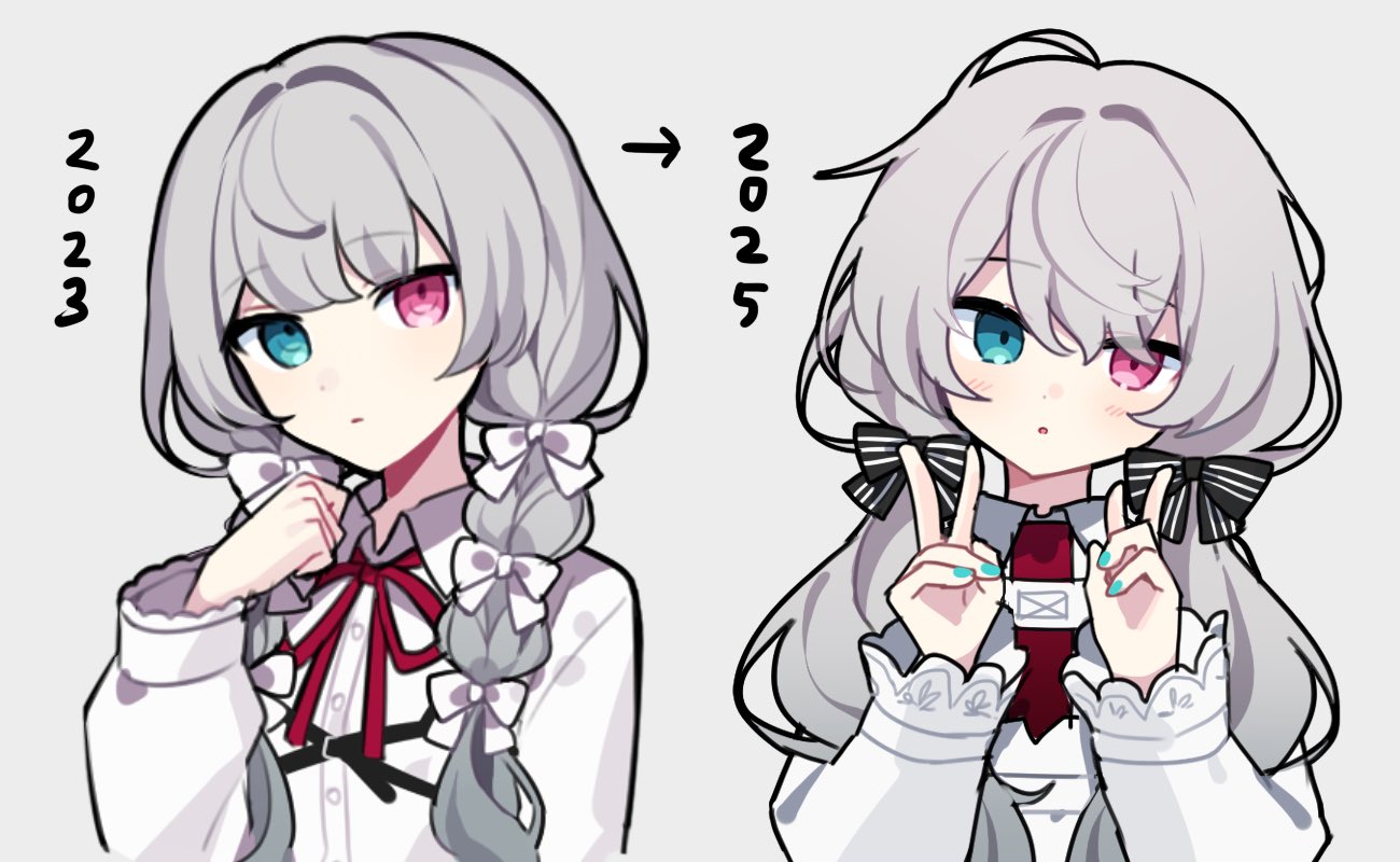 waka (wk4444), 25-ji miku, hatsune miku, project sekai, vocaloid, commentary request, 1girl, 2023, 2025, ahoge, aqua nails, arrow (symbol), black bow, bow, braid, buttons, clenched hand, closed mouth, double v, empty eyes, expressionless, fingernails, green eyes, grey background, grey hair, hair bow, hand up, hands up, heterochromia, long hair, long sleeves, looking at viewer, low twin braids, low twintails, multiple hair bows, multiple views, nail polish, neck ribbon, parted lips, pink hair, red ribbon, ribbon, shirt, simple background, twin braids, twintails, upper body, v, white bow, white shirt, wing collar